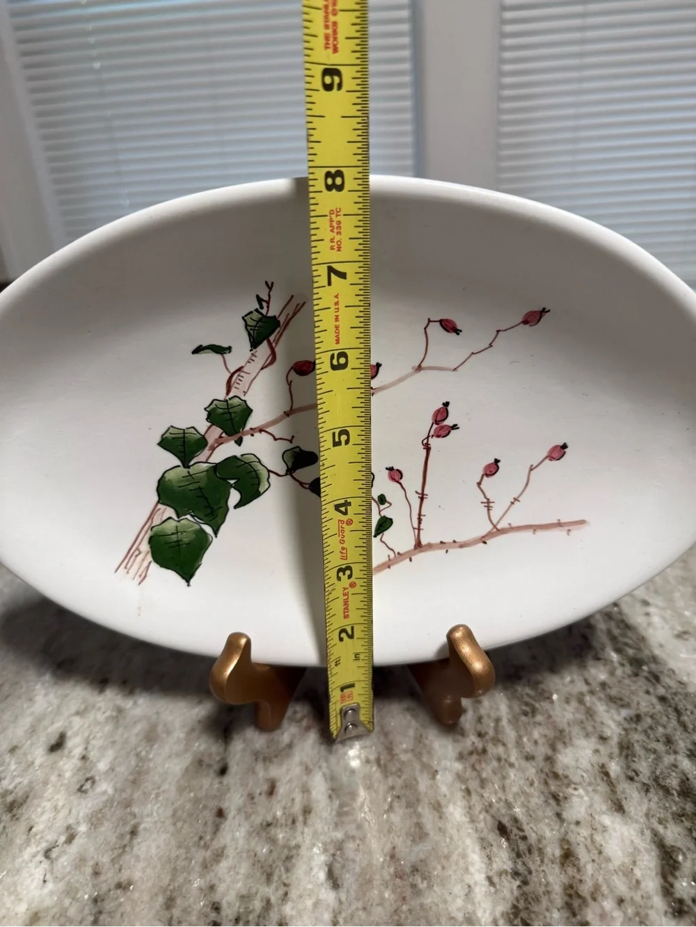 Signed Hand-Painted Ceramic Oval Platter Botanical Design